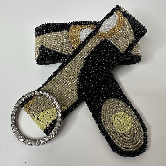 Abstract Seed Bead Silk Belt Womens Sz M Rhinestone O-Ring Buckle Evening Formal - Picture 15 of 15